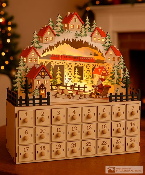 Calendario de adviento con escena navideña y luz 29 x 9 x 29.5 cm