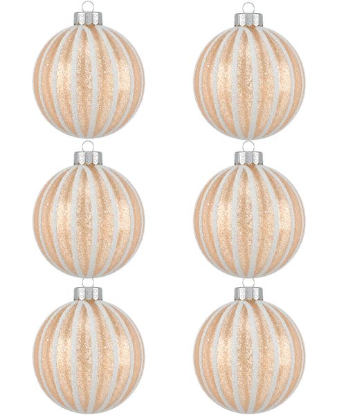 Set de 6 esferas navideñas doradas con líneas blancas 8 cm