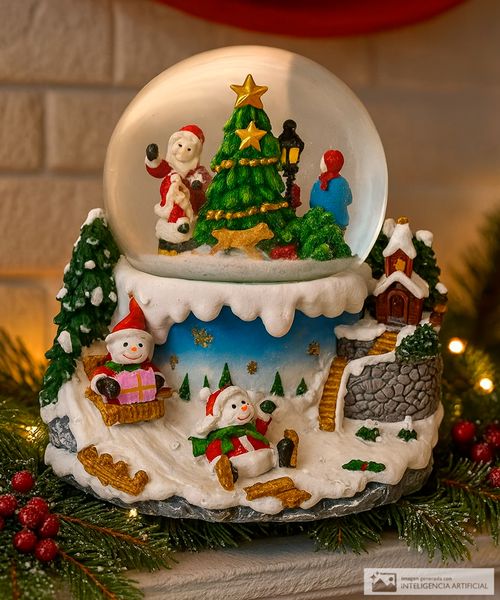 Escena navideña nevada con árbol de navidad en esfera de vidrio 19.5 x 17.5 x 20 cm