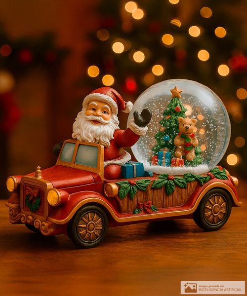 Figura navideña Santa en carro con esfera de vidrio 22.5 x 12 x 14.5 cm