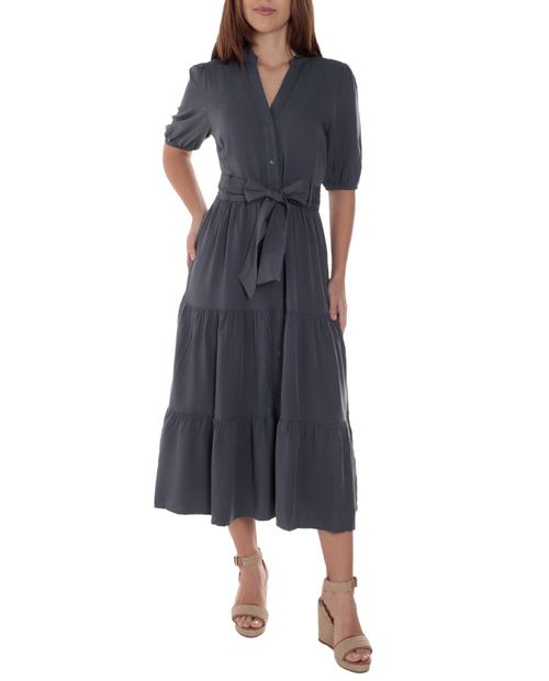Vestido Sabrina midi gris mangas cortas para mujer