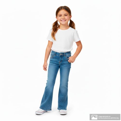 Jeans straight azul denim lavado con detalle de brillo para niña