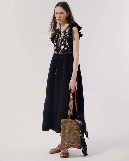 Vestido Sfera midi negro de manga corta para mujer