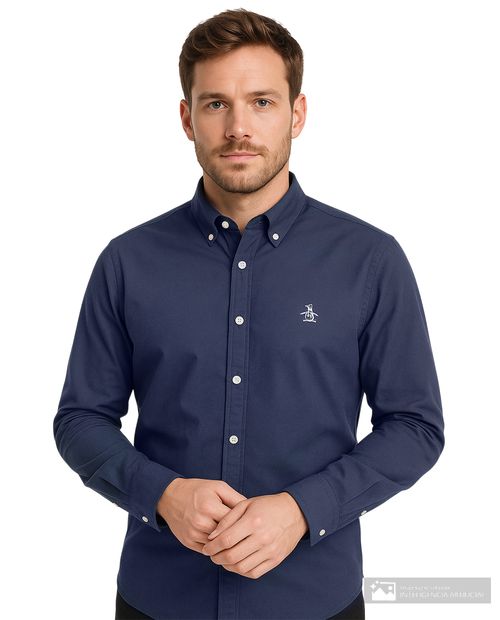 Camisa casual Penguin slim fit azul sólida para hombre