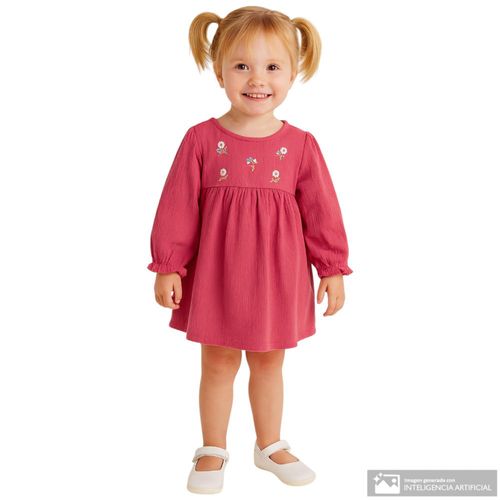 Vestido color vino con bordado floral para bebé niña