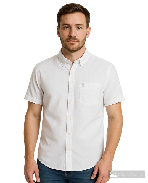 Camisa casual de lino Penguin slim fit blanca heather para hombre