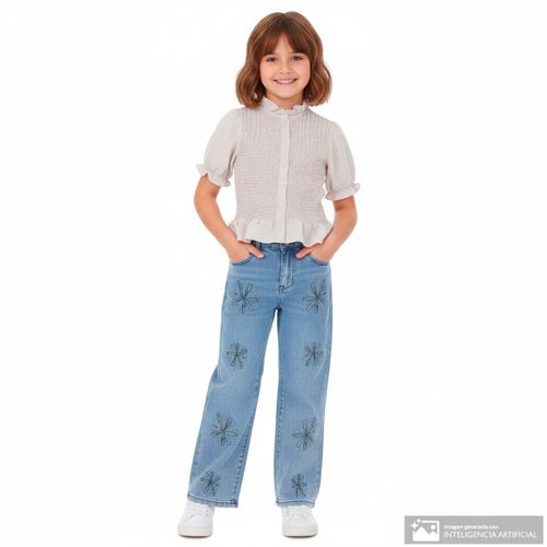 Jeans straight azul denim con bordado floral para niña