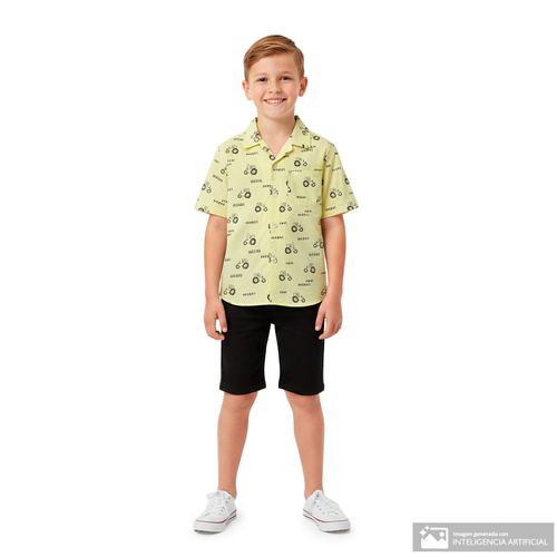 Camisa casual amarilla con estampado de tractor para niño