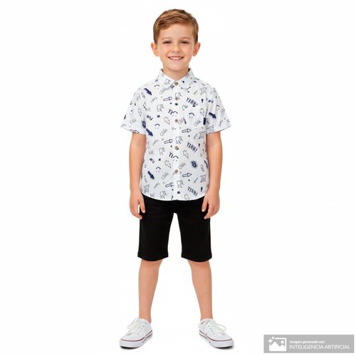 Camisa casual blanca con estampado de cohetes para niño