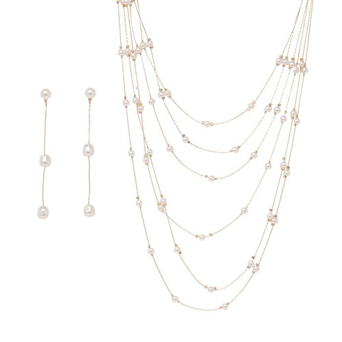 Set de aretes y collar dorado con perlas para mujer