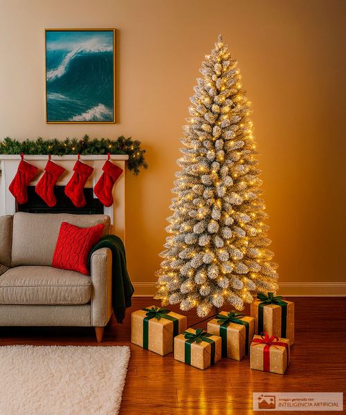 Árbol navideño nevado delgado con luz led  7.5 pies (229 cm) 711 puntas