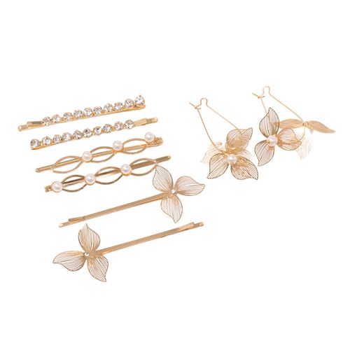 Set de aretes y ganchos para cabello dorados para mujer