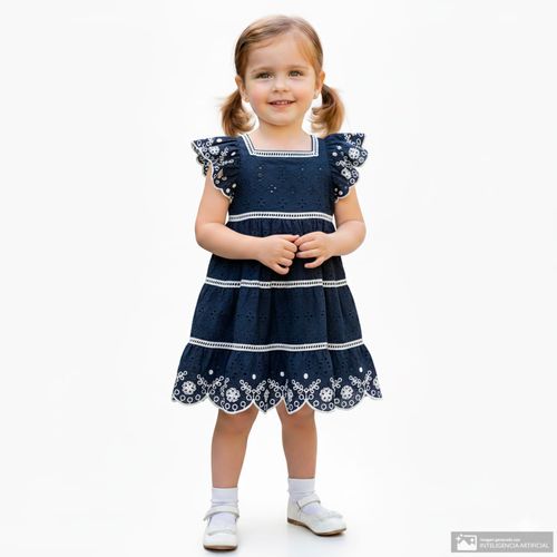 Vestido azul con bordado floral para niña