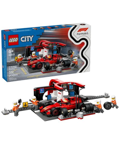 Lego City parada en boxes de F1 y equipo de mecánicos con coche Ferrari 322 piezas