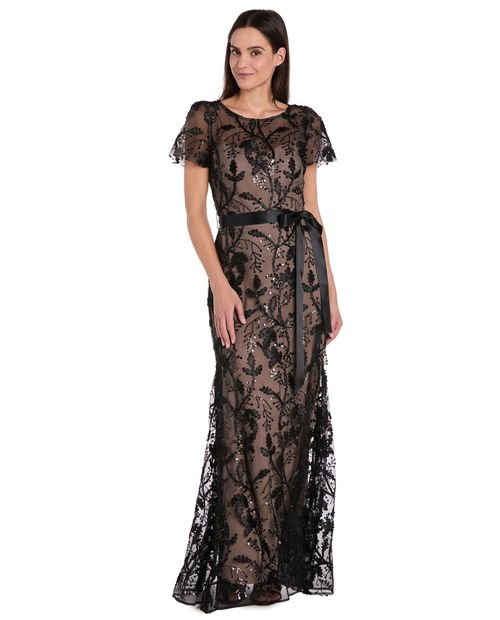 Vestido R&M Richards maxi negro mangas cortas para mujer