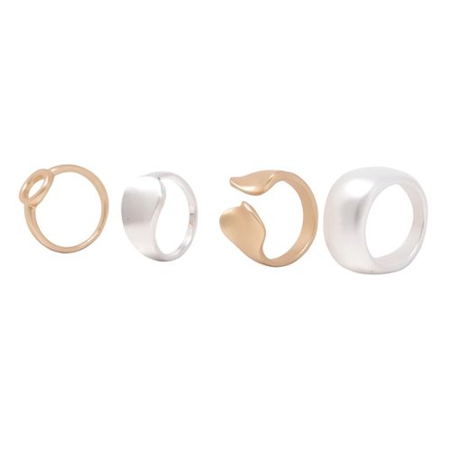 Set de 4 anillos minimalistas dorados y plateados con diseños geométricos