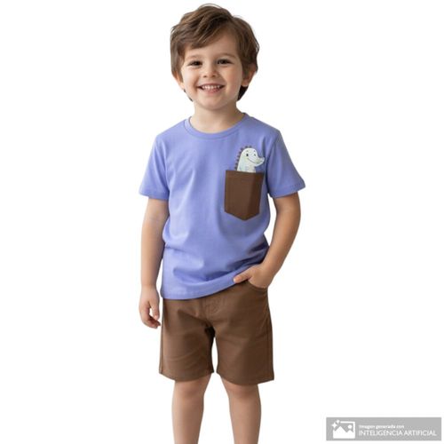 Camiseta celeste con bolsillo estampado de cocodrilo para niño