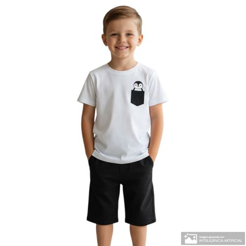 Camiseta blanco con bolsillo estampado de pingüino para niño