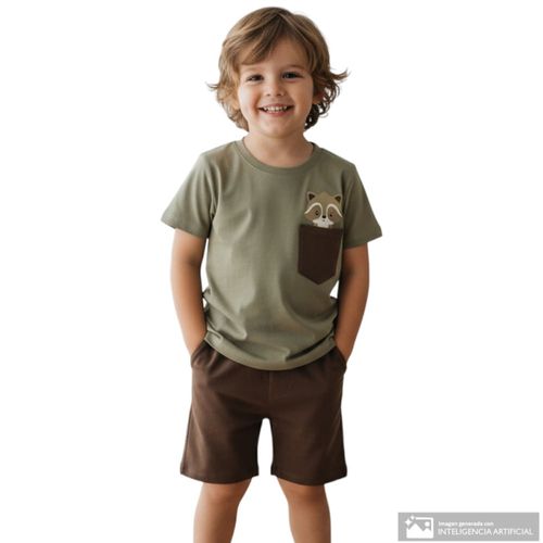 Camiseta café con bolsillo estampado de mapache para niño