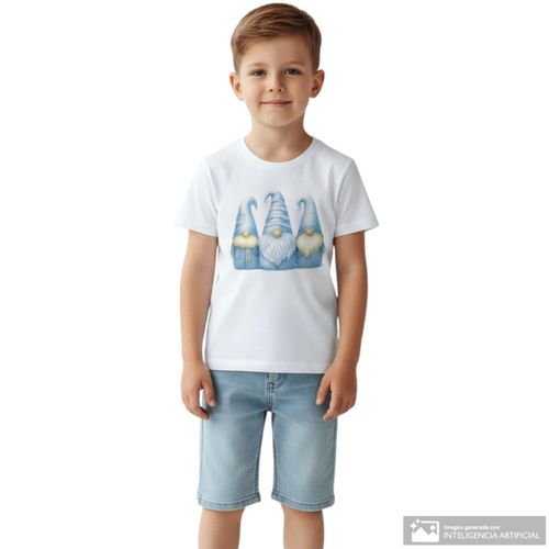 Camiseta blanca con estampado de elfos para niño