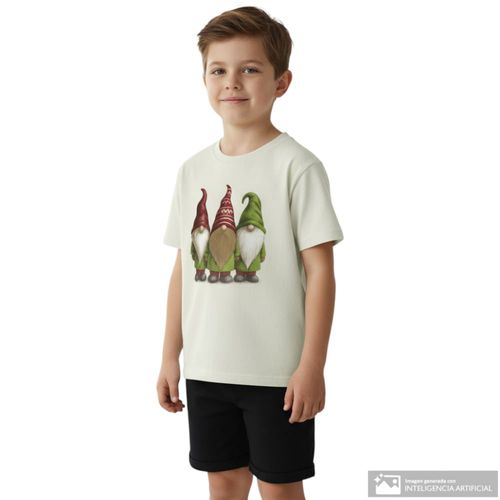 Camiseta blanca con estampado de elfos navideños para niño