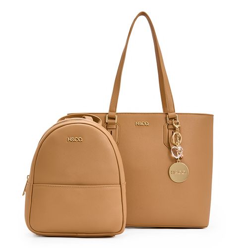 Dúo de cartera tote y mochila H&Co color café para mujer