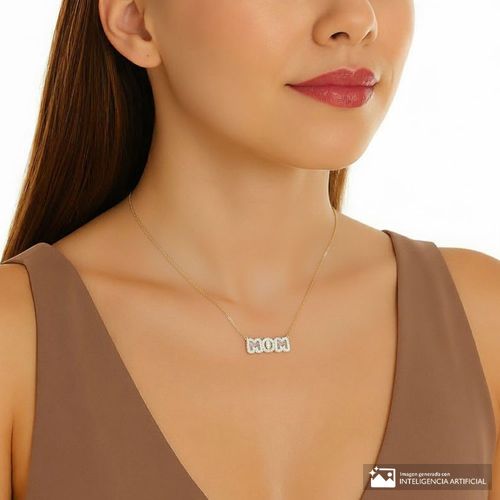 Collar con dije "mom" de plata en baño de oro 2mm-40.64 cm para mujer