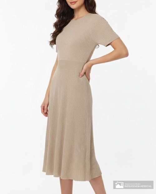 Vestido Sabrina midi beige manga corta para mujer