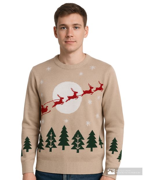 Suéter navideño Orange con estampado de trineo volando para hombre