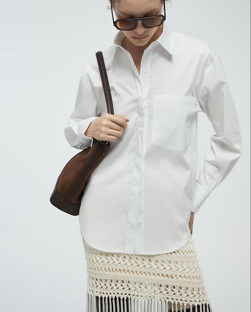 Blusa Sfera camisera blanca de manga larga para mujer