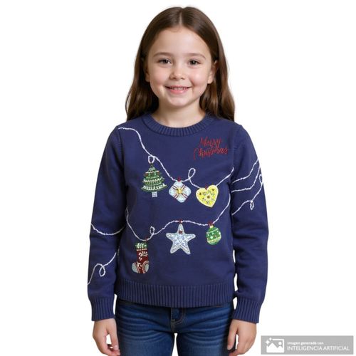 Suéter azul con estampado navideño para niña
