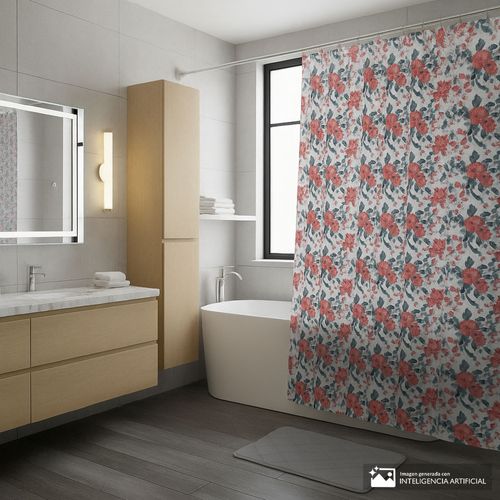 Set alfombra antideslizante y cortina estampada para baño