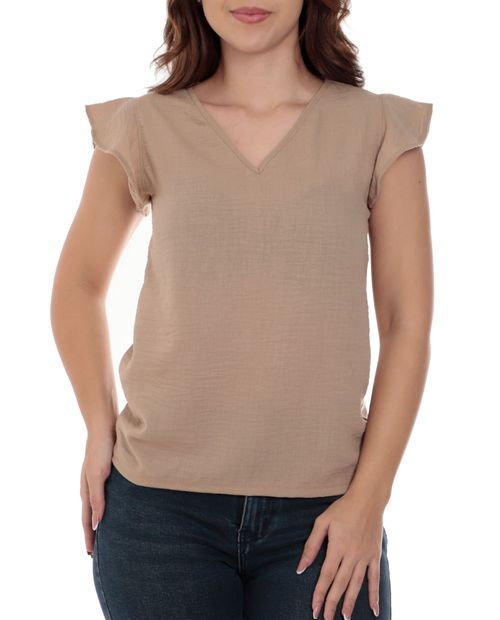 Blusa Sabrina formal beige manga corta para mujer
