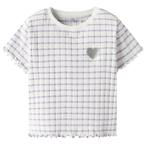 Camiseta morada con diseño a cuadros para niña