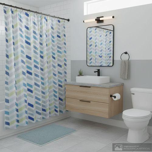 Set alfombra antideslizante y cortina estampada para baño