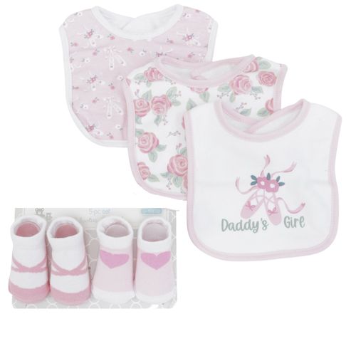 Set de 2 pares de calcetines y 3 baberos para bebé niña
