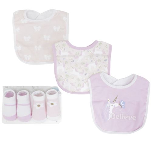 Set de 2 pares de calcetines y 3 baberos para bebé niña