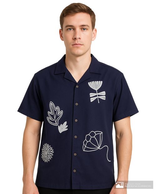 Camisa casual Orange boxy fit azul navy con bordado de plantas para hombre