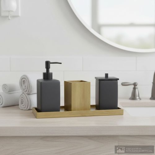 Set 4 piezas de cerámica + madera para baño