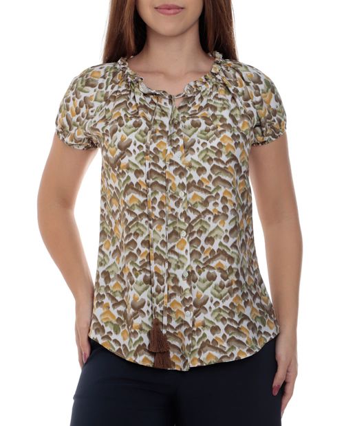 Blusa Sabrina formal estampada manga corta para mujer
