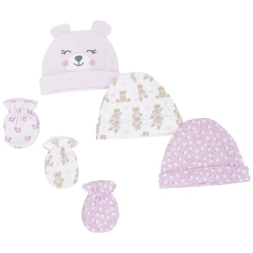 Set multicolor de 3 gorros y 3 guantes estampados para bebé niña