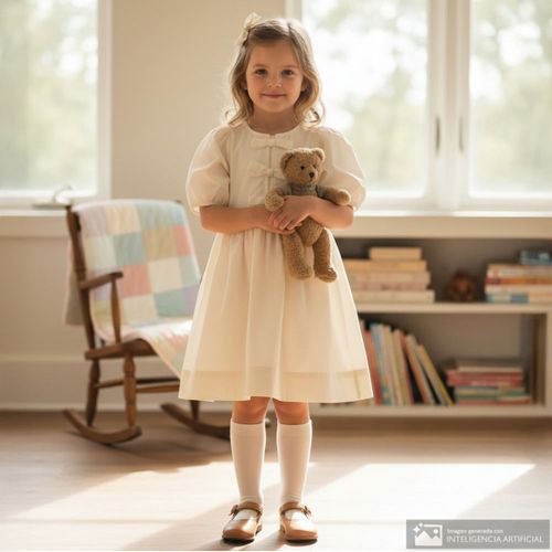 Vestido beige con moños para niña