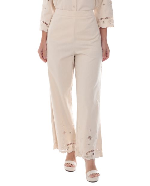 Pantalón Nicolle palazzo beige de cintura alta para mujer