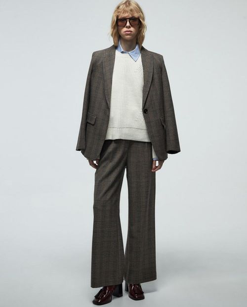 Pantalón Sfera wide leg cuadriculado de cintura alta para mujer