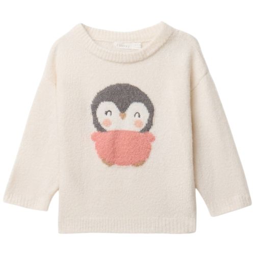 Suéter ivory tejido con estampado de pingüino para bebé niña