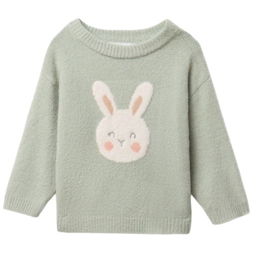 Suéter verde tejido con estampado de conejito para bebé niña