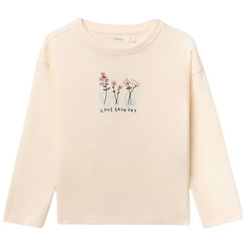 Camiseta beige con bordado floral para niña