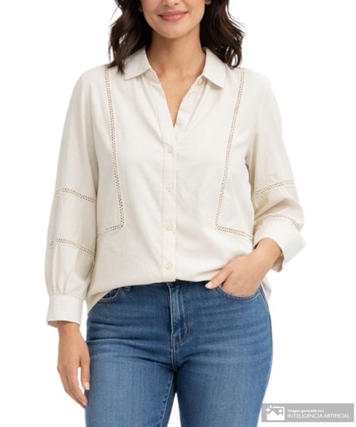 Blusa Sabrina camisera beige manga larga para mujer