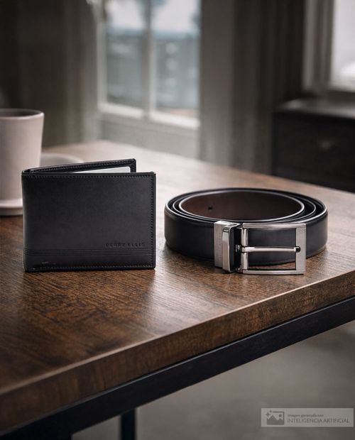 Set de cinturón reversible y billetera bifold Perry Ellis negro para hombre