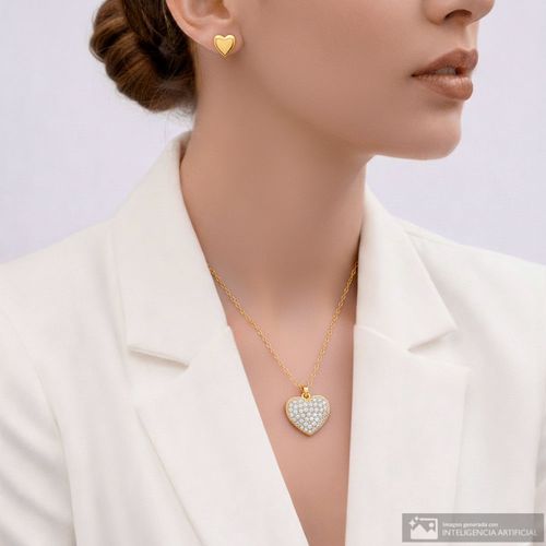 Set de aretes y cadena con dije corazón de metal para mujer